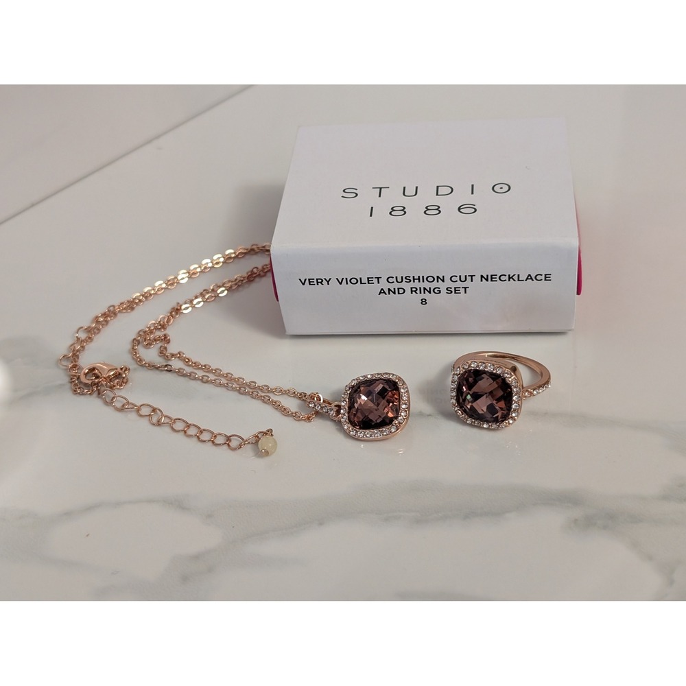 Avon‎ Studio 1886 Very Violet Cushion Cut Necklace and Ring Set Rose Goldtone 8